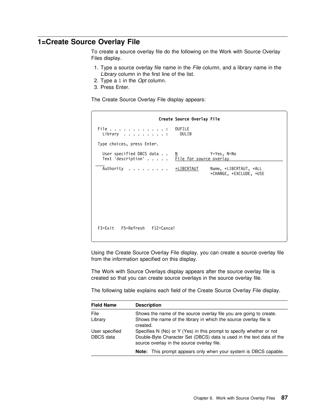 IBM AS/400 manual =Create Source Overlay, Librarycolumn, First line of the list Type 1a, Create Source Overlay File 