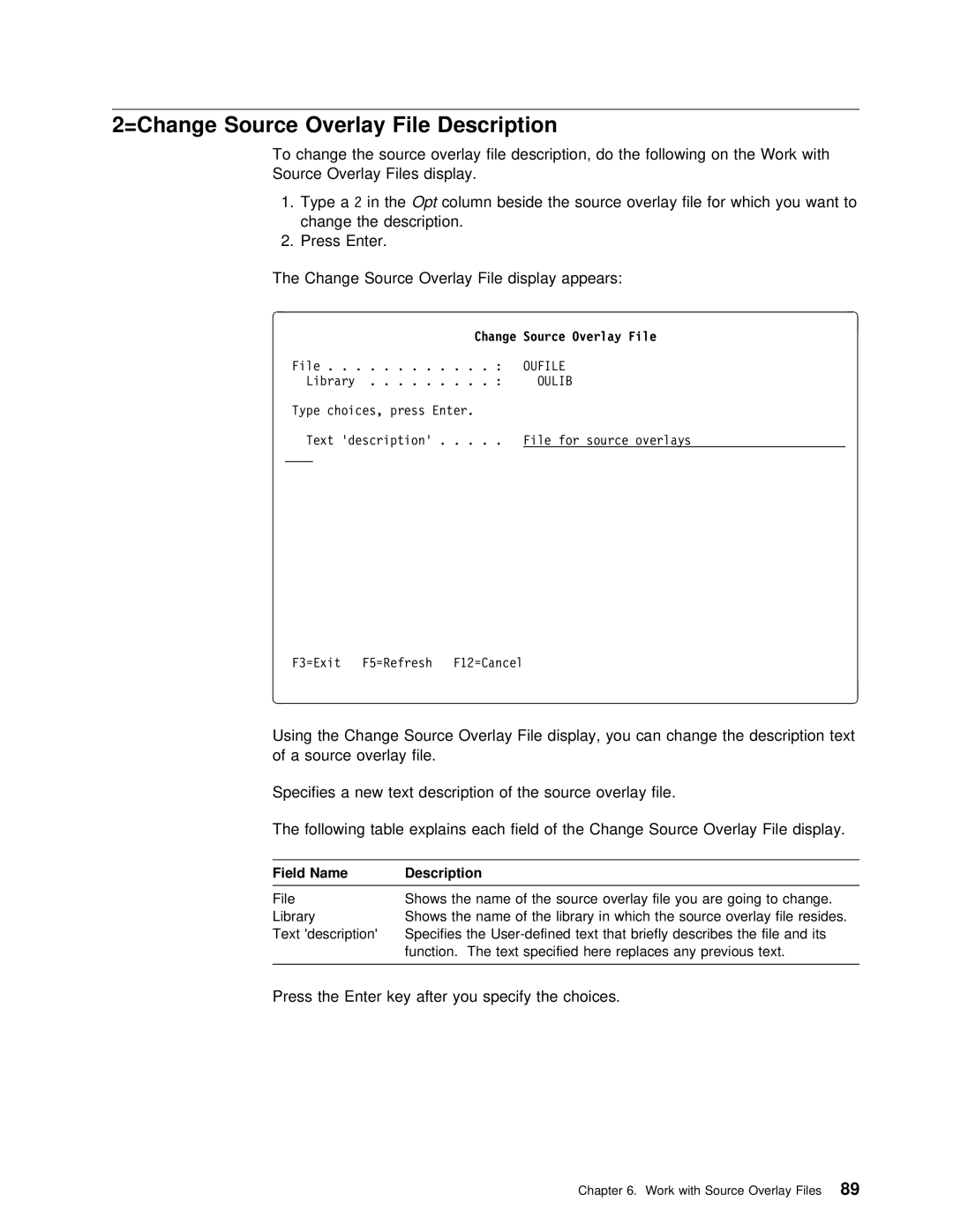 IBM AS/400 manual Description, =Change Source Overlay File 