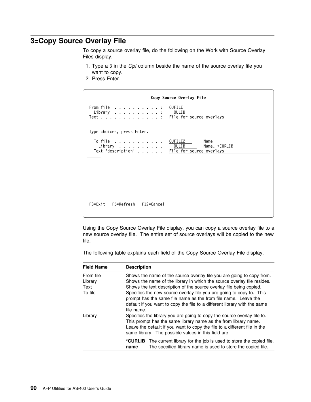 IBM AS/400 manual =Copy Source Overlay, Copy Source Overlay File 