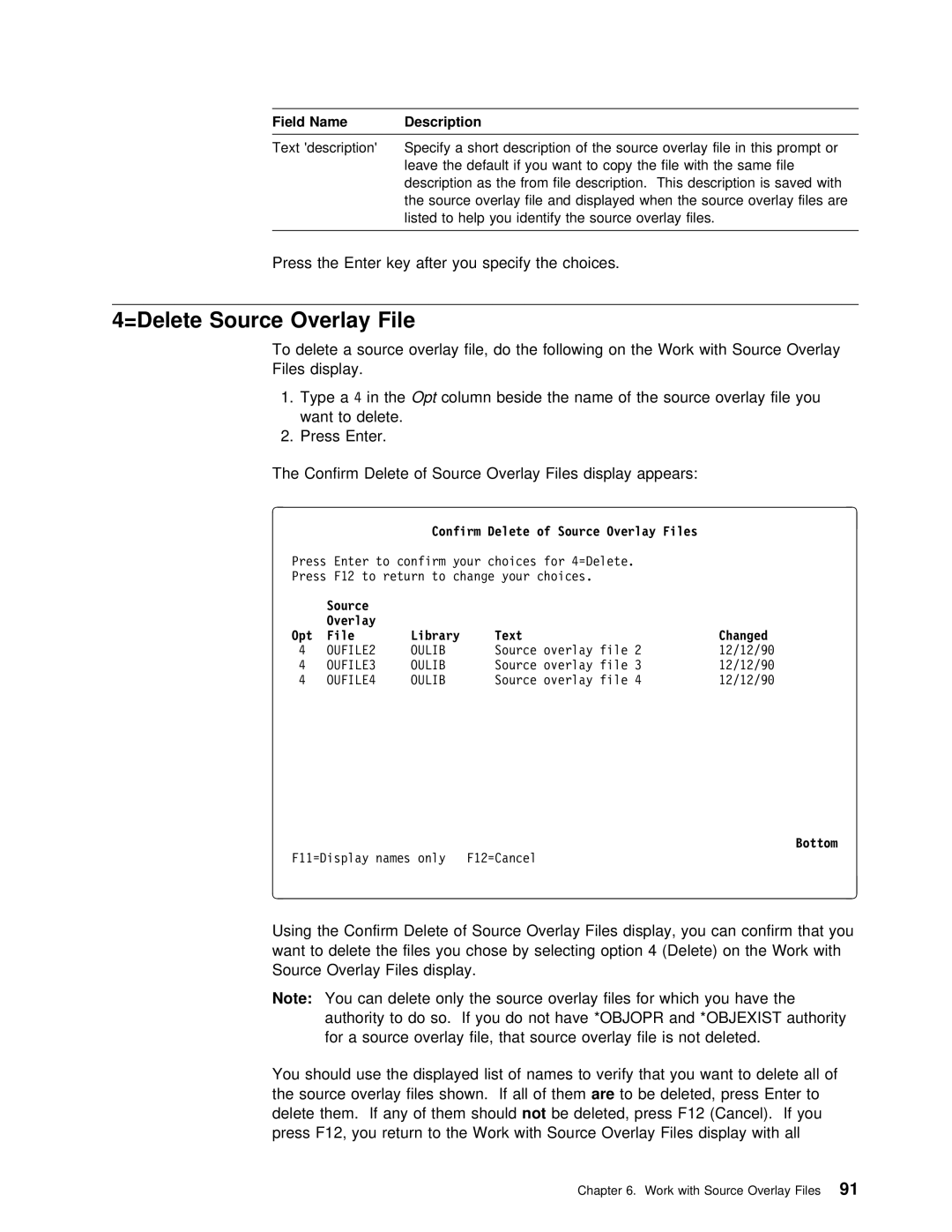 IBM AS/400 manual =Delete Source Overlay, Press Enter Key After You Specify Choices, Press F12 Cancel. If yo 