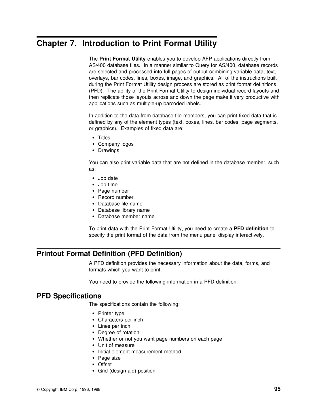 IBM AS/400 manual Printout Format Definition PFD Definition, PFD Specifications, Enables You Develop 