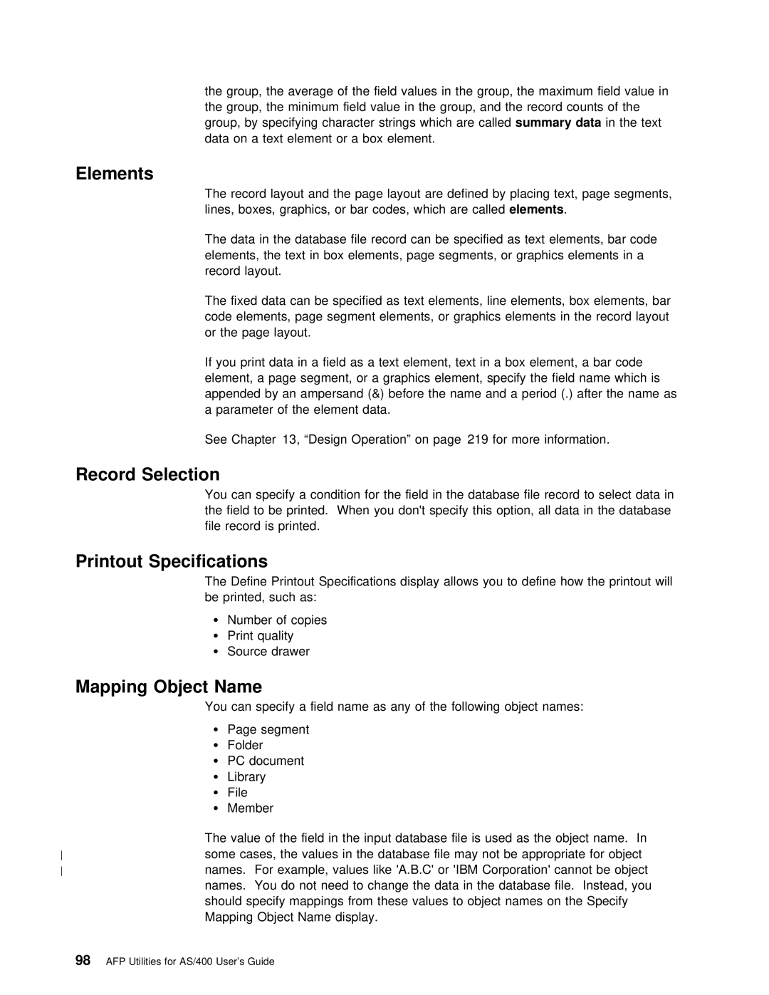 IBM AS/400 manual Record Selection, Printout Specifications, Mapping Object Name, Calledinthe text 