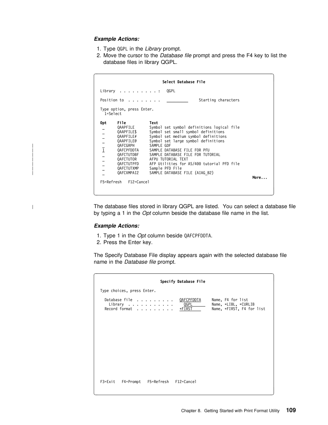 IBM AS/400 manual Select Database File, File Text 