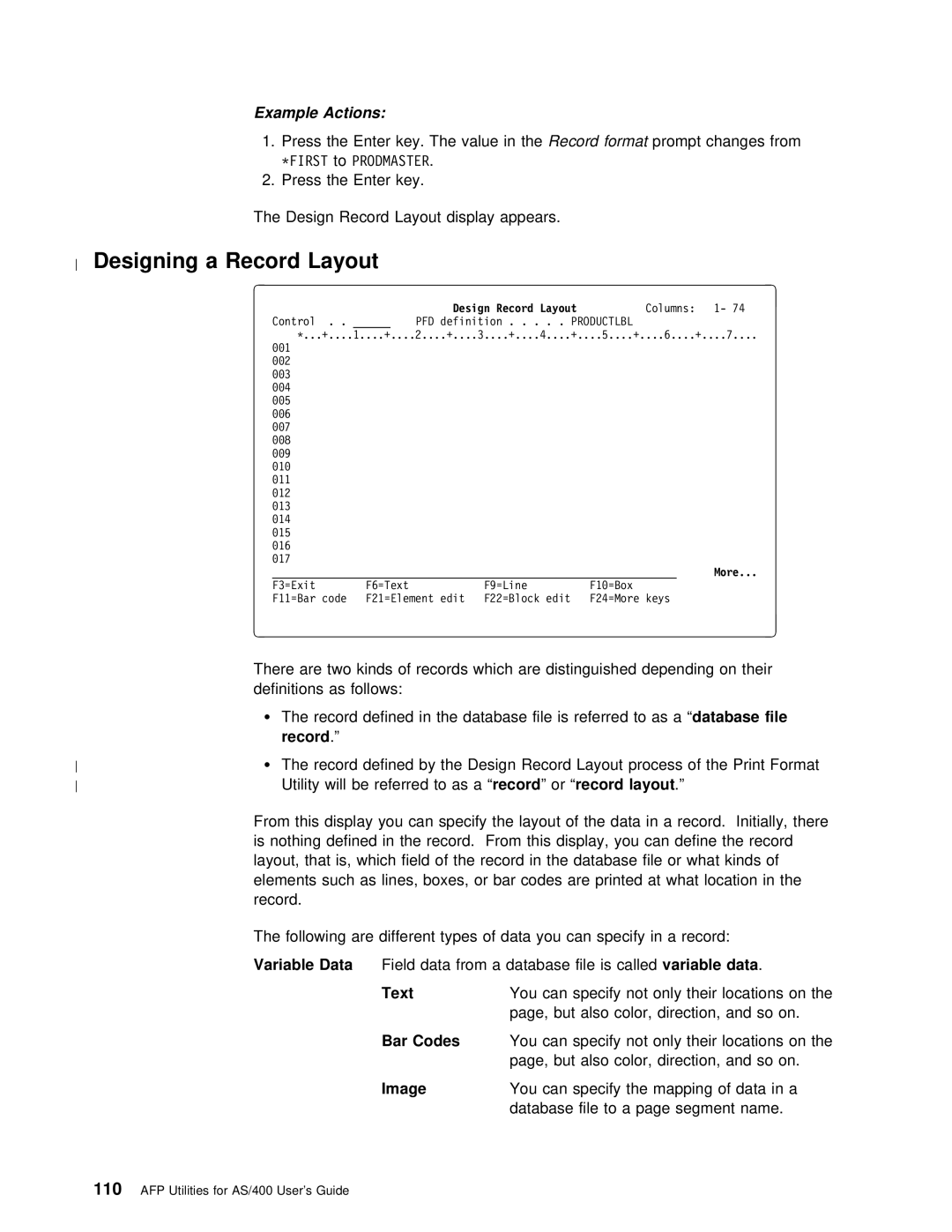 IBM AS/400 manual Record Layout 