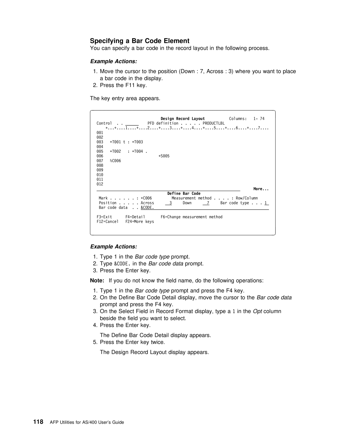 IBM AS/400 manual Specifying a Bar Code Element, More Define Bar Code 