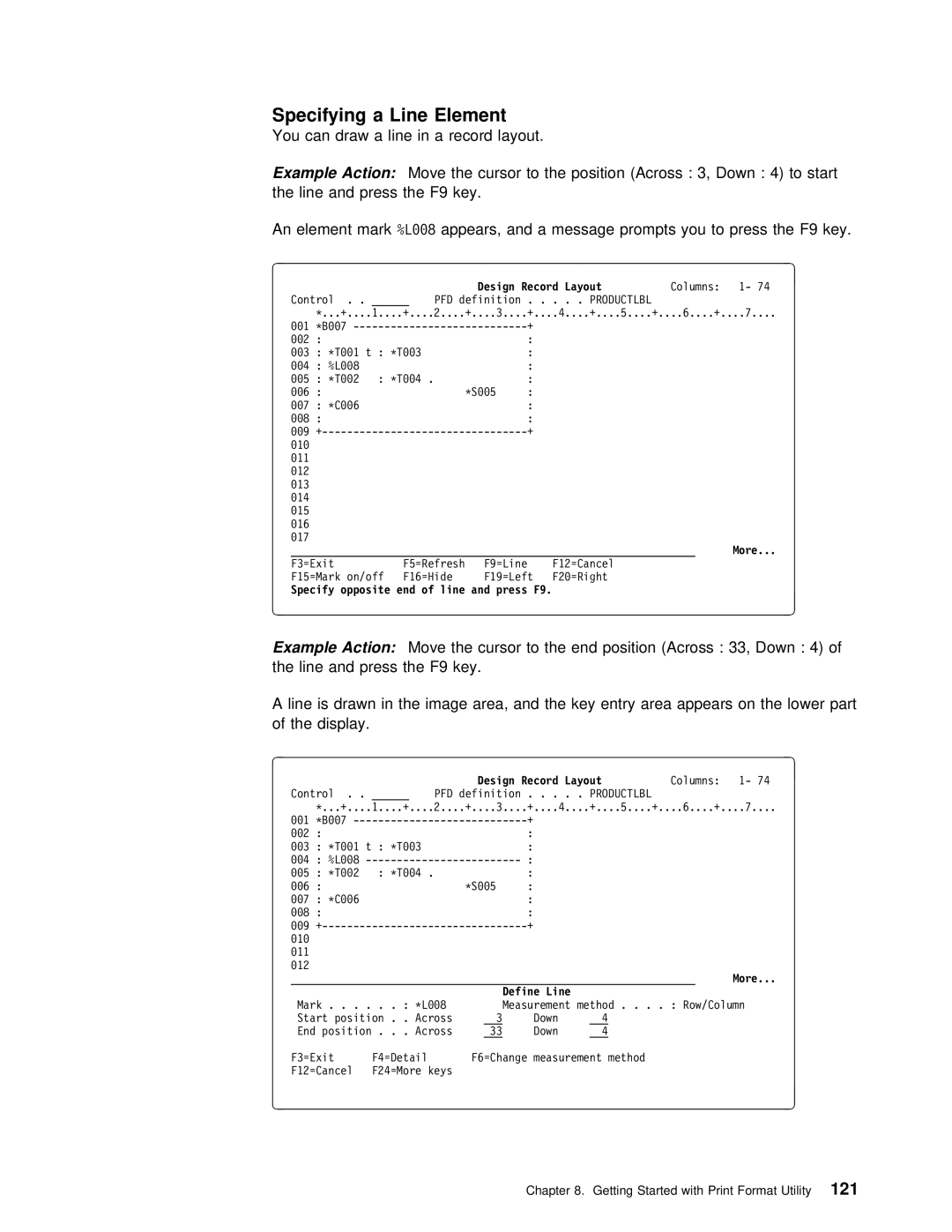 IBM AS/400 manual You Can Draw Line Record Layout, Cursor Position Across Down Line Press Key An element 