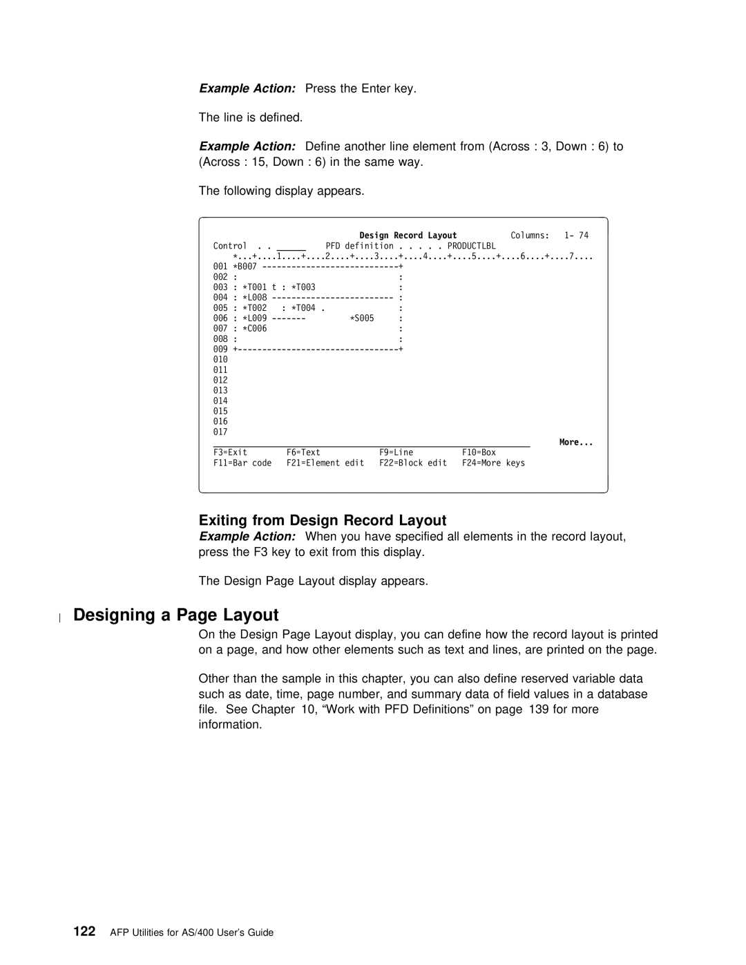 IBM AS/400 manual Designing a Page Layout, Press the Enter Key Line is Defined, Definitions For More Information 