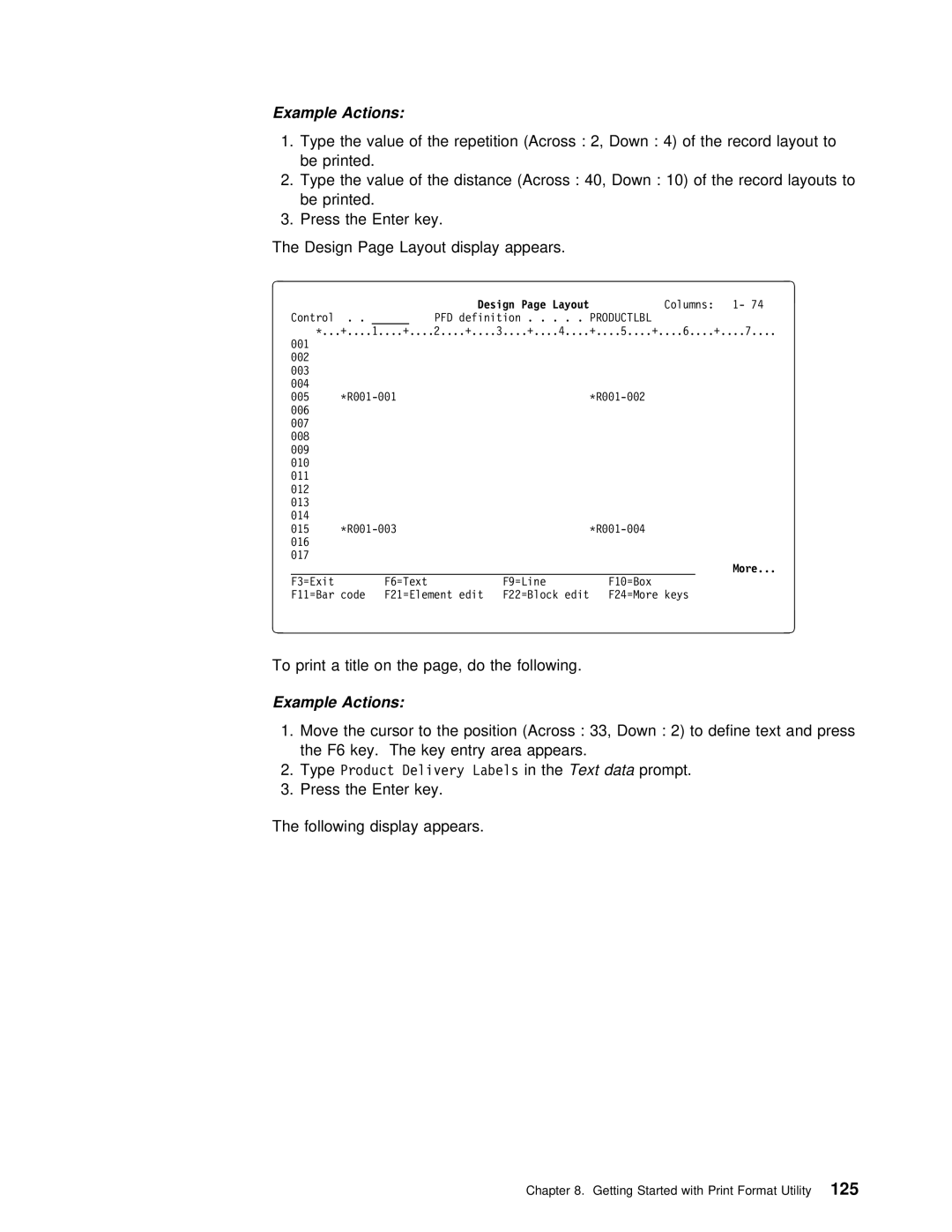 IBM AS/400 manual Type Value Repetition Across, To print a title on the page, do the following 