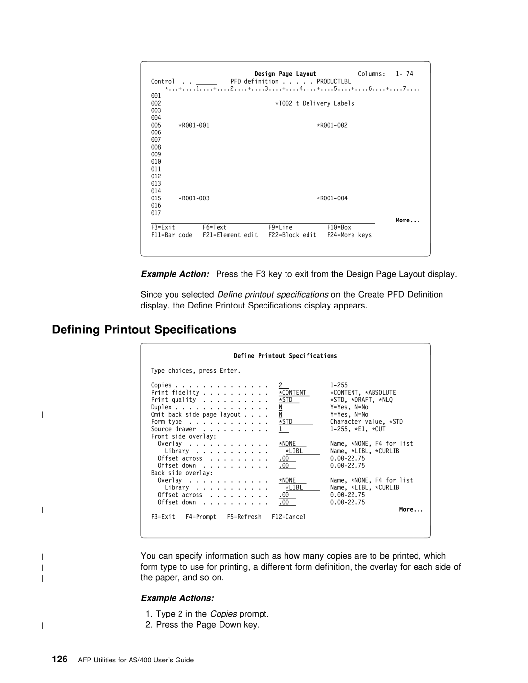 IBM AS/400 Defining Printout Specifications, 126, Type2 TheCopies Prompt Press Down Key, Define Printout Specifications 