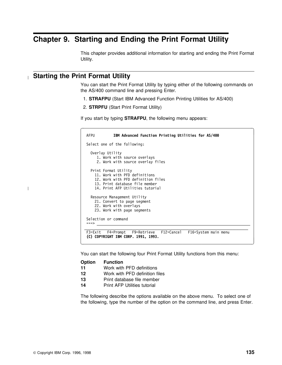 IBM AS/400 Starting and Ending the Print Format Utility, Starting the Print Format Utility, 135, Definitions Work With 