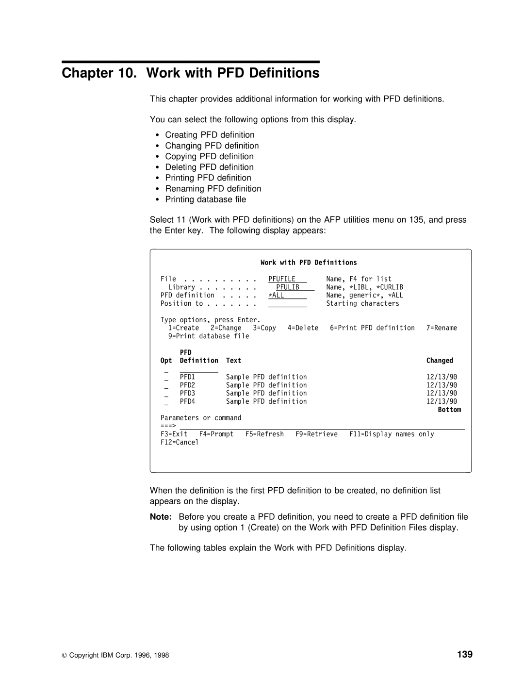 IBM AS/400 manual Work with PFD Definitions, 139, Definition, you need Create, Definitions Display 