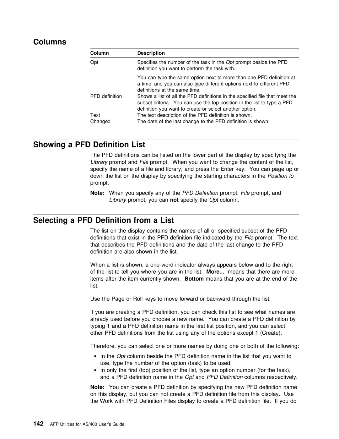 IBM AS/400 manual Showing a PFD Definition List 