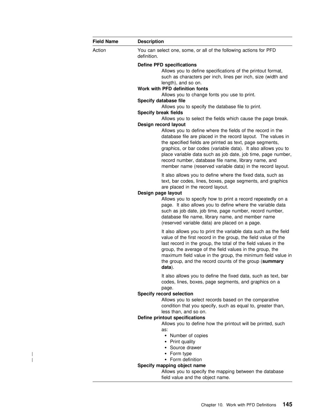 IBM AS/400 Specifications, With PFD definition fonts, Specify database file, Specify break fields, Design record layout 