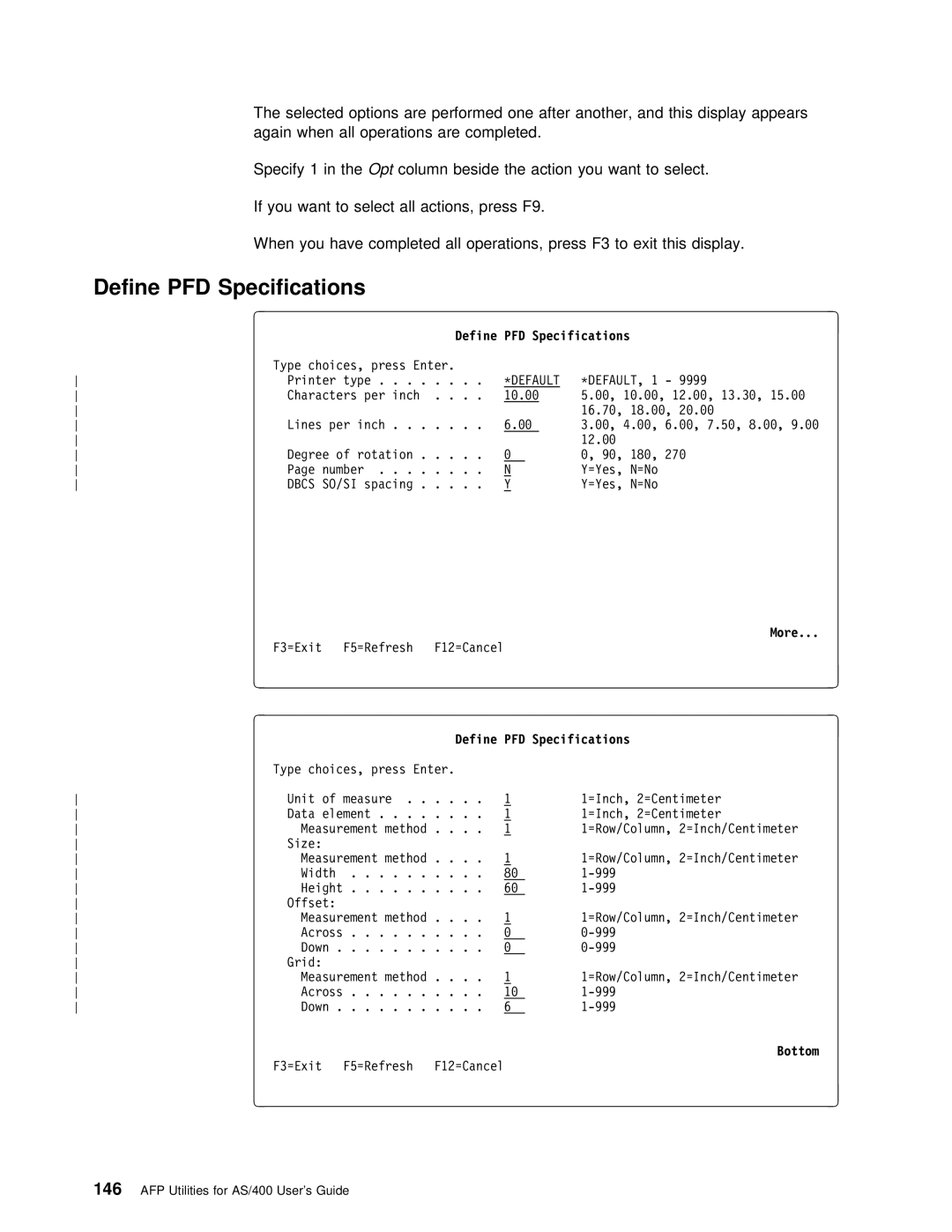 IBM AS/400 manual Define PFD Specifications 