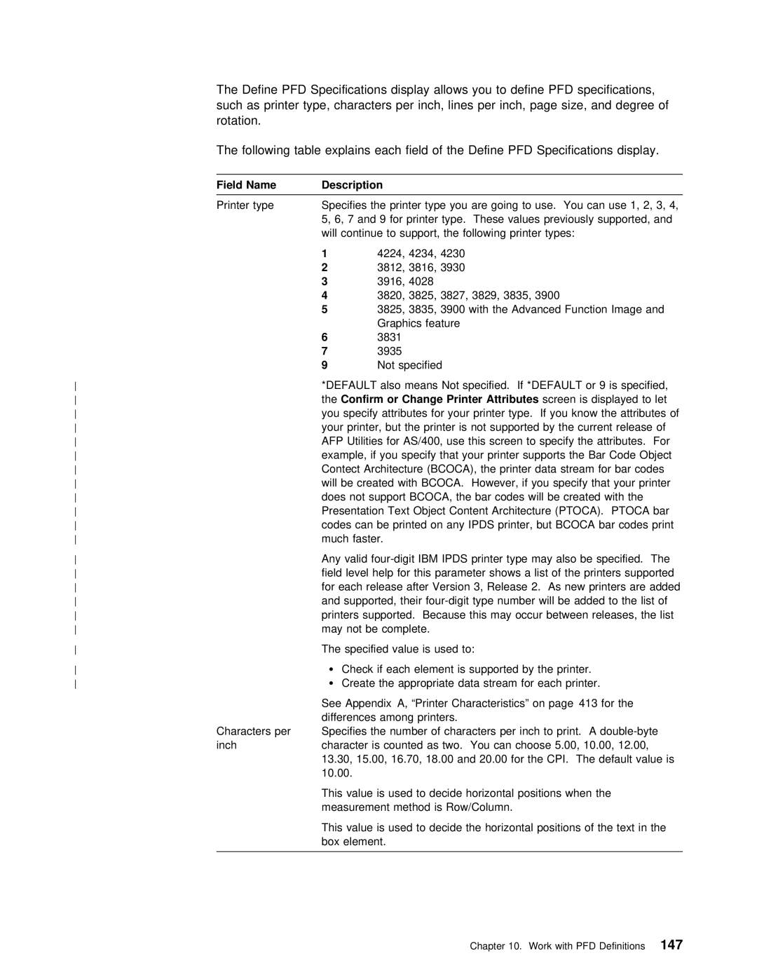 IBM AS/400 manual Define PFD Specifications display Allows You 