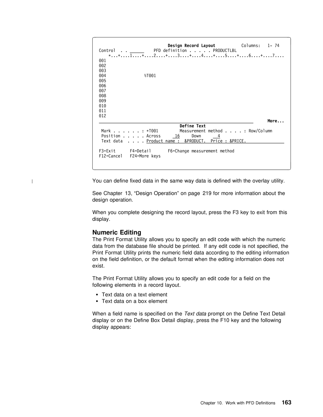 IBM AS/400 manual Editing, Utility allows you to specify an edit code with wh, More Define Text 