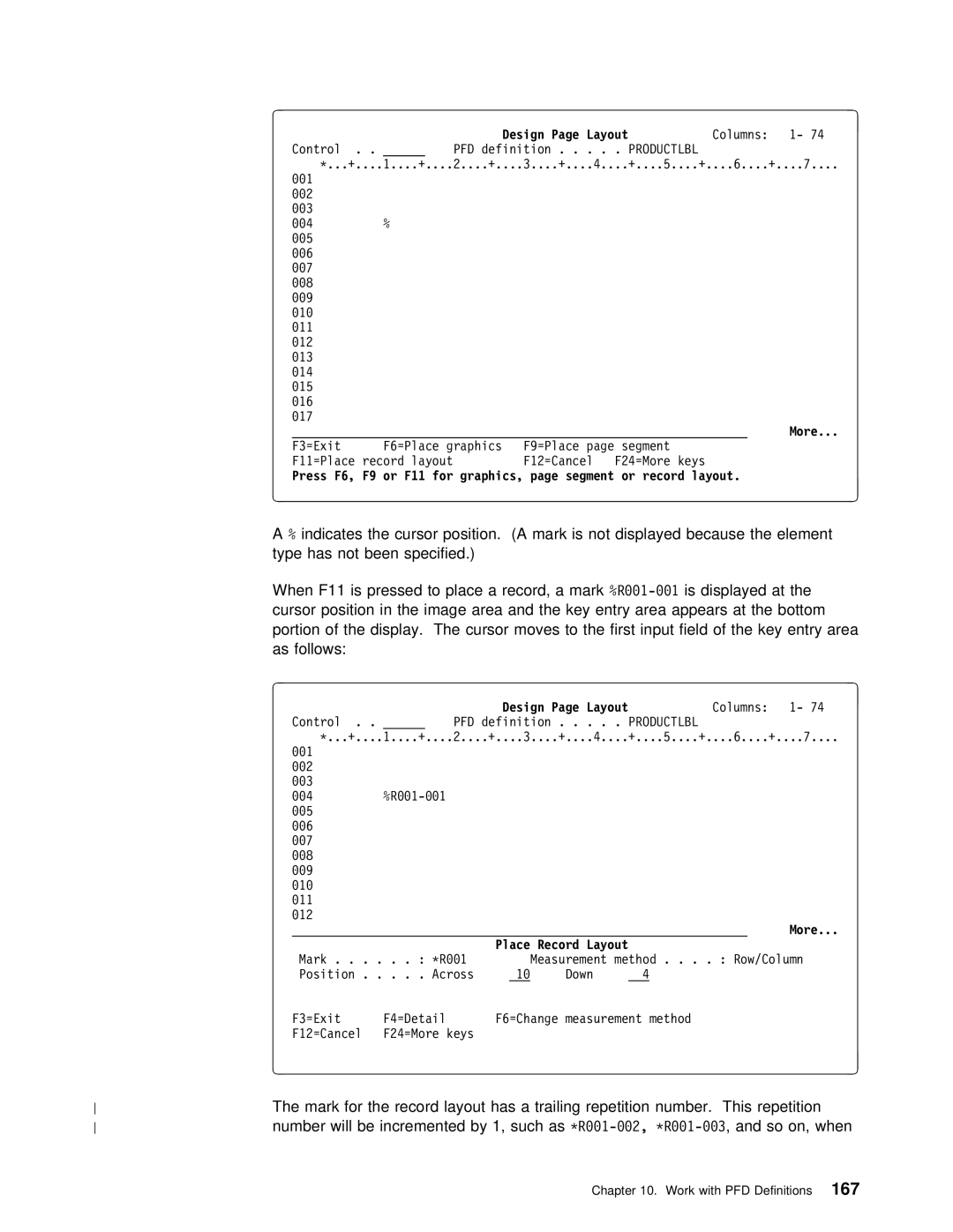 IBM AS/400 manual indicates the cursor position. a, First Input Field o Follows, More Place Record Layout 