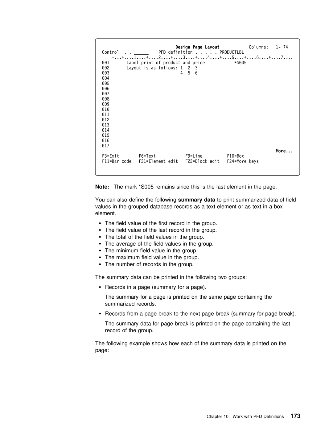 IBM AS/400 manual S005 remains Since This Last element You Can, Work with PFD Definitions173 