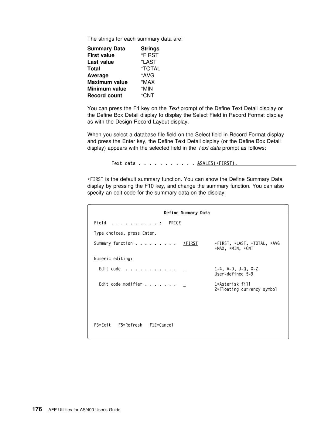 IBM AS/400 manual Data Strings First, Last Value, Count 