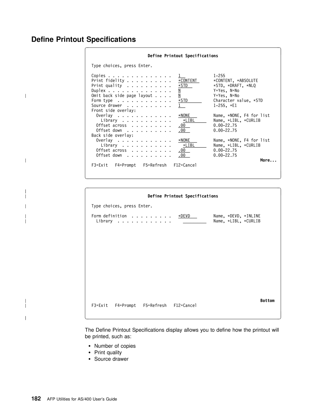 IBM AS/400 manual More Define Printout Specifications 