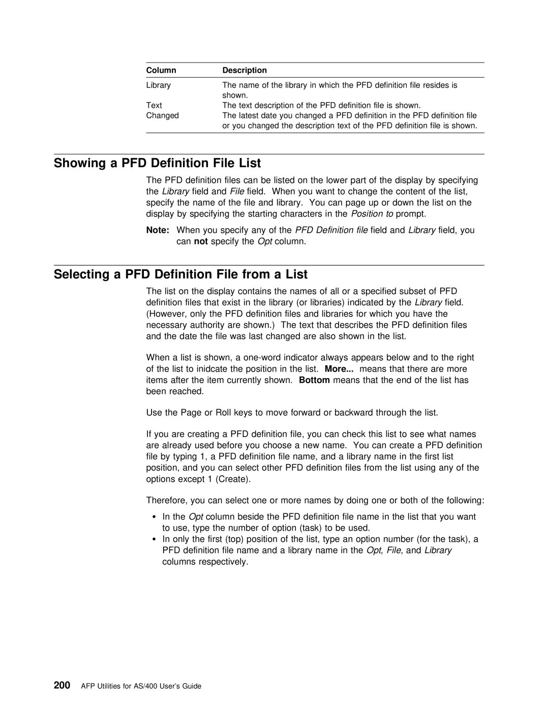 IBM AS/400 manual Showing a PFD Definition File List 