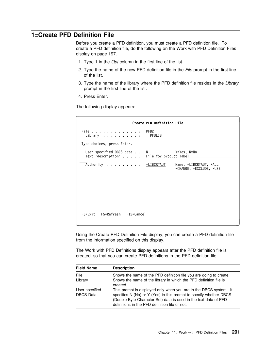 IBM AS/400 manual Display Type, First Line List Type, Inn the first Line List Type, Create PFD Definition File 