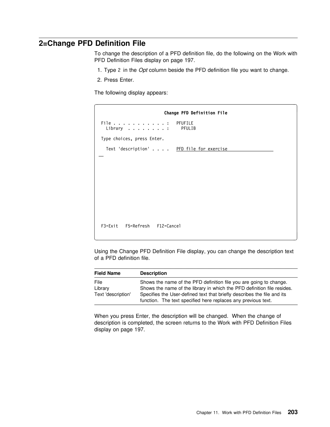 IBM AS/400 manual Definition Files display on, Change PFD Definition File 