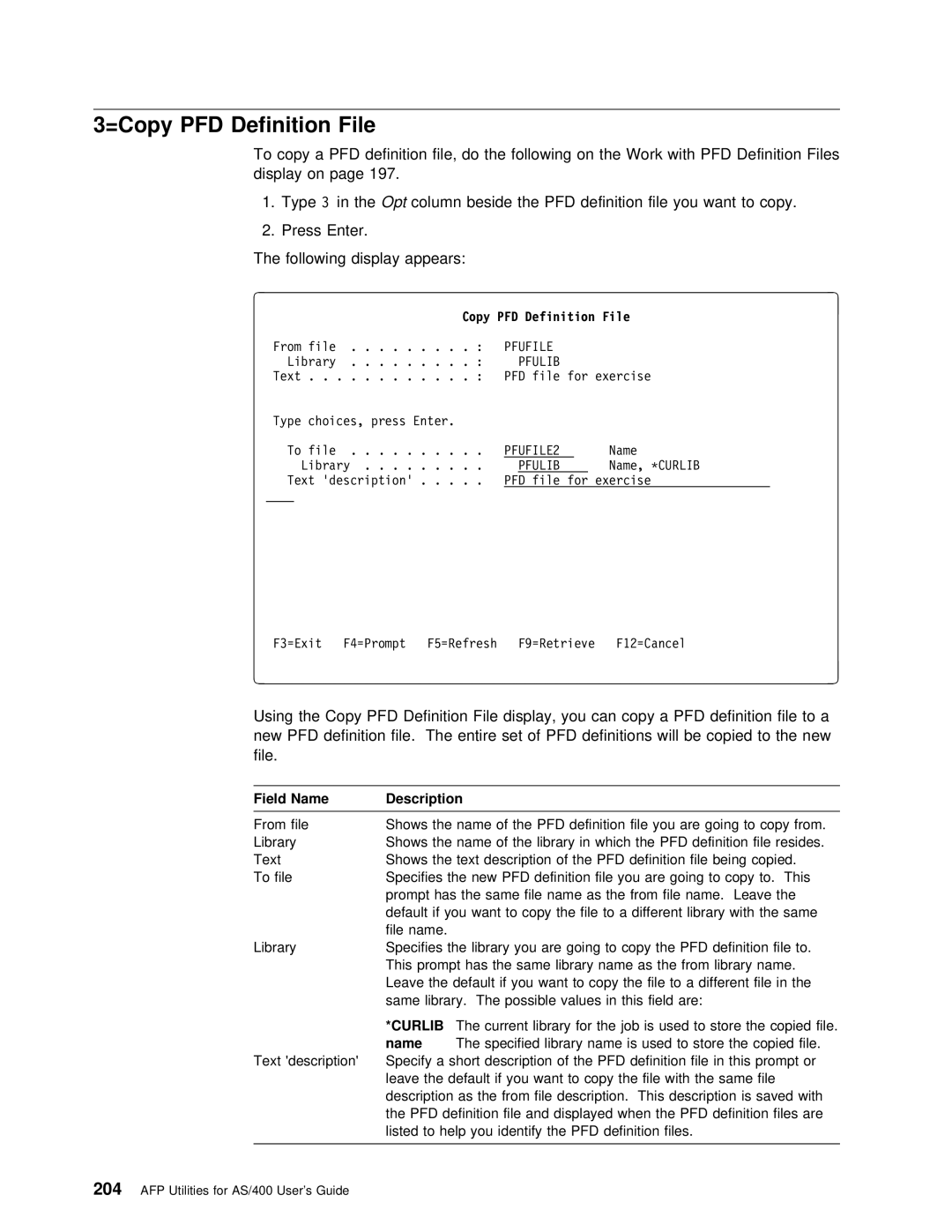 IBM AS/400 manual =Copy PFD Definition 