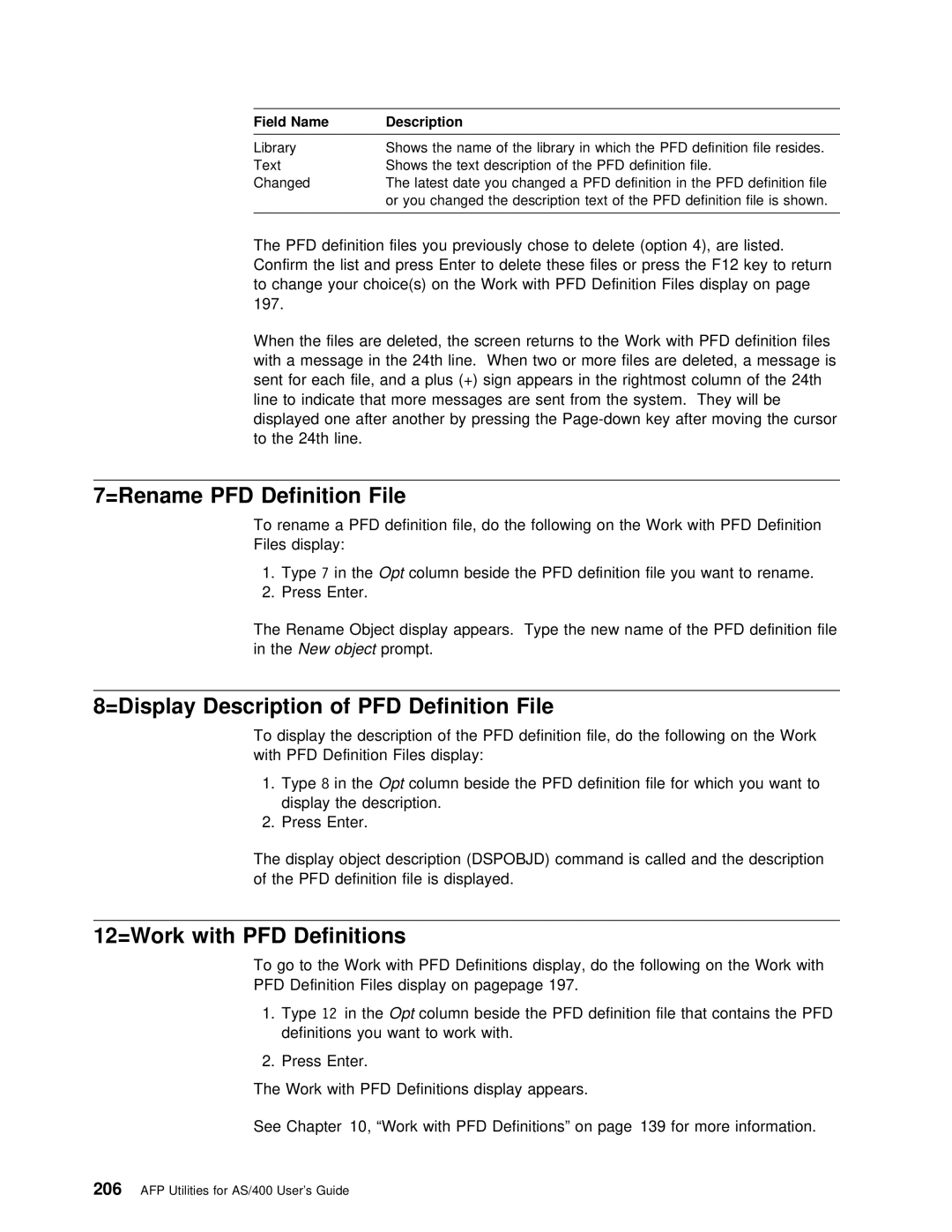 IBM AS/400 manual 12=Work with PFD Definitions, =Rename PFD Definition 