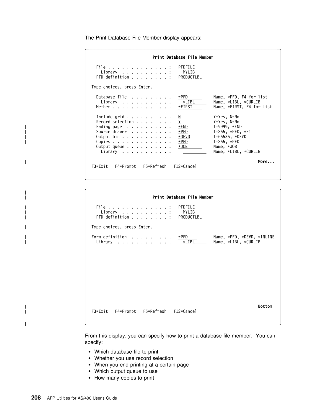 IBM AS/400 manual Print Database File Member display appears 