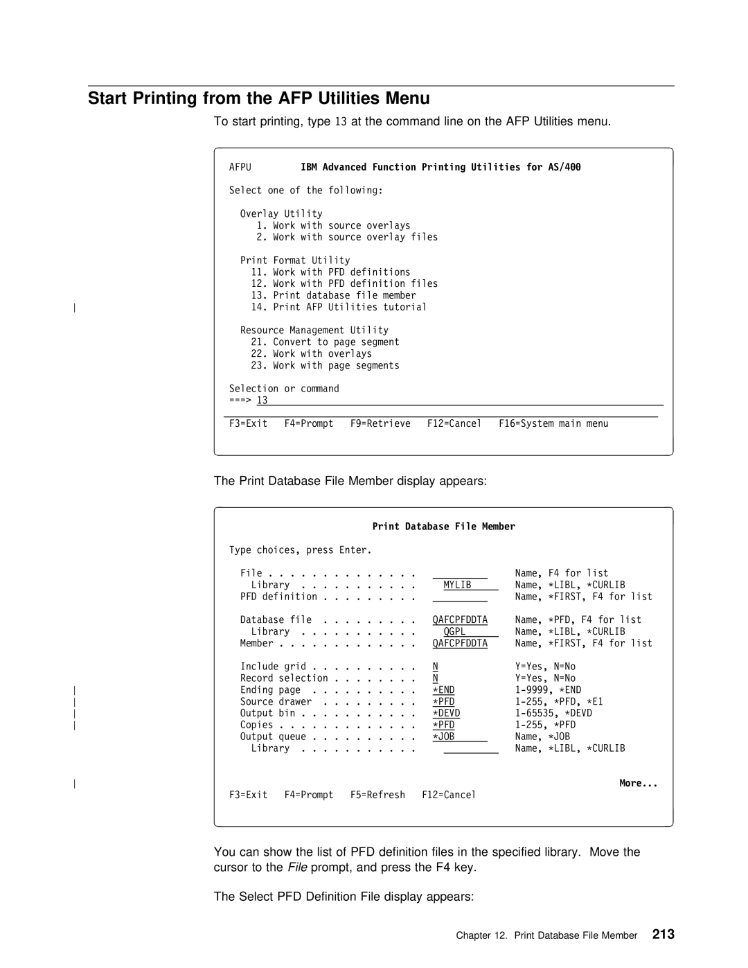 IBM AS/400 manual Start Printing from the AFP Utilities Menu, IBM Advanced Function Printing Utilities for AS/4ðð 