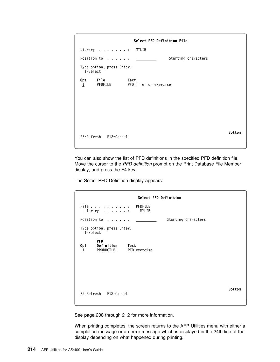 IBM AS/400 manual You Can Also, Select PFD Definition File, Opt Definition Text 