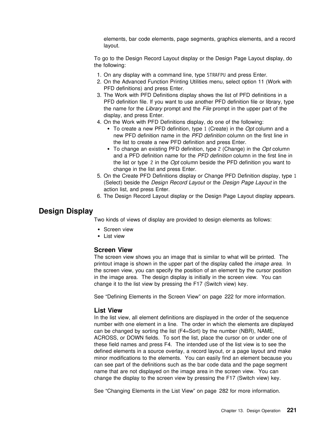 IBM AS/400 manual Design Display, Screen View, List View 