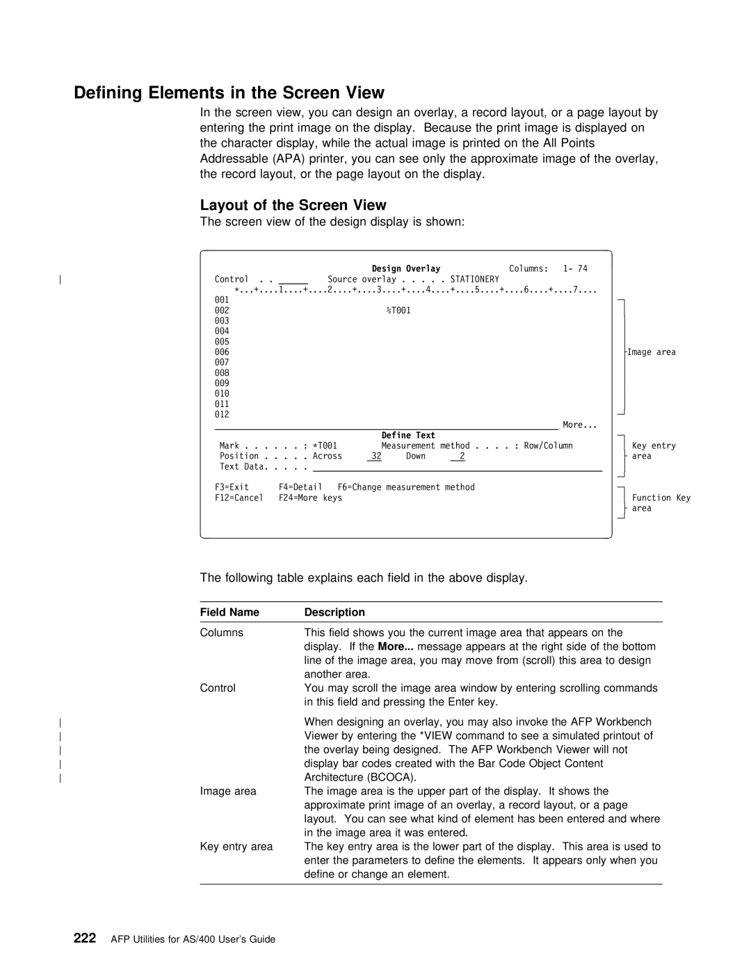 IBM AS/400 manual Defining Elements in the Screen View, Screen View Design display is shown 