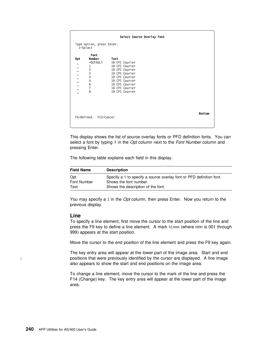 IBM AS/400 manual Line, Select Source Overlay Font, Type option, press Enter, =Select Font Opt Number Text, 1ð CPI Courier 