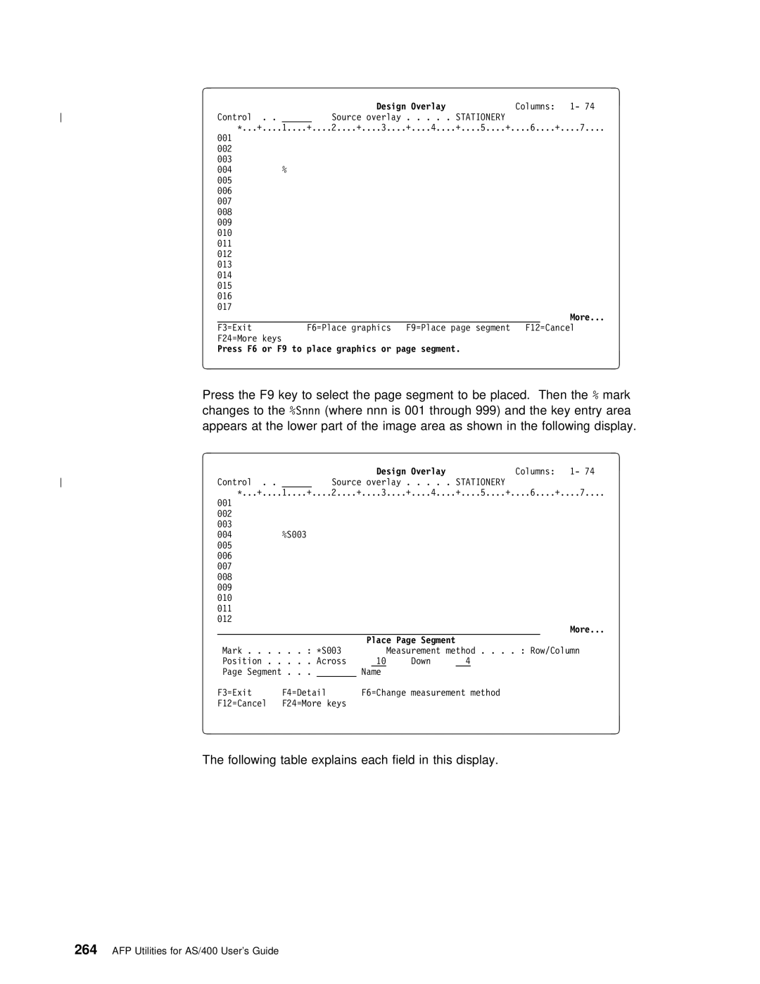 IBM AS/400 manual F3=Exit F6=Place graphics F9=Place page segment F12=Cancel 