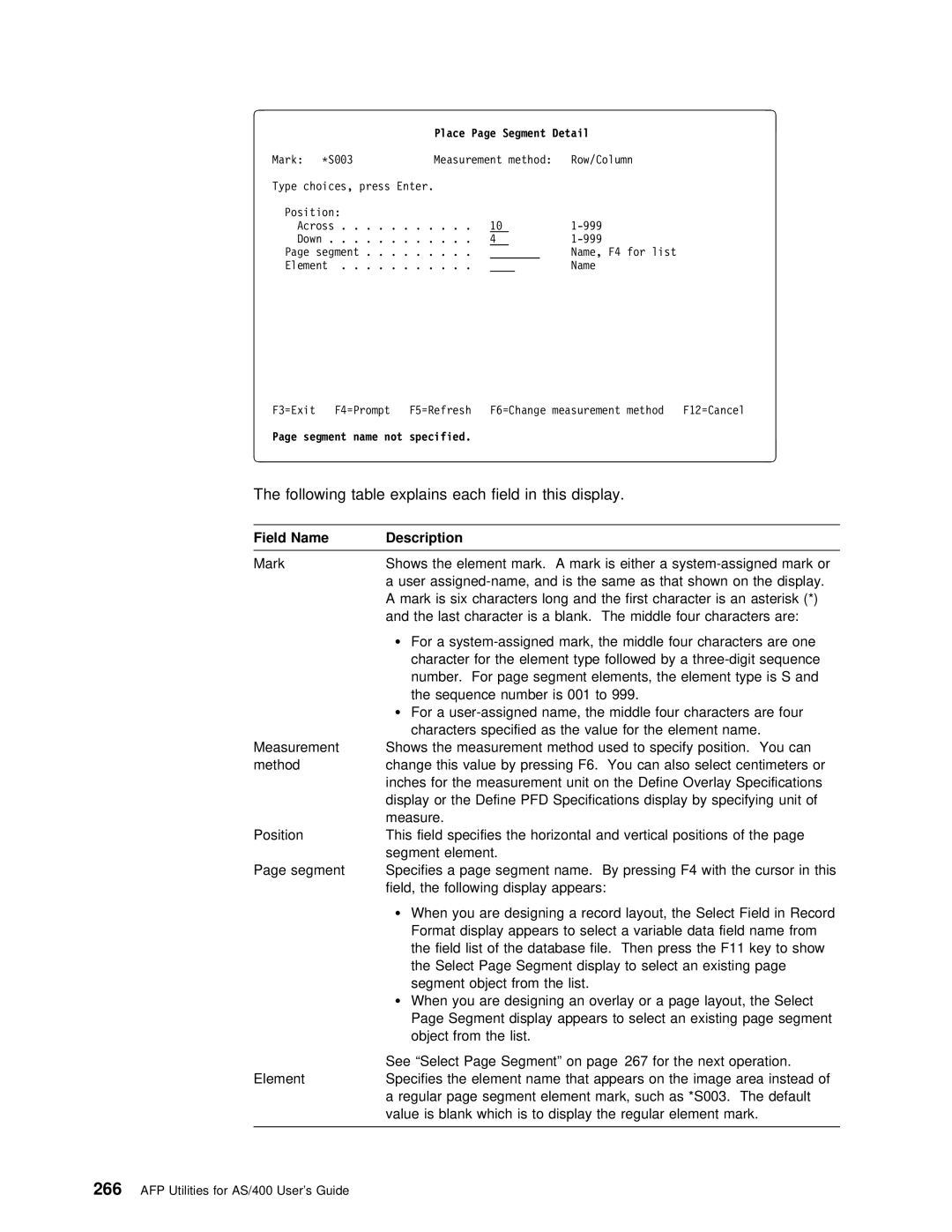 IBM AS/400 manual Following table Explains Each Field This Display, Place Page Segment Detail 