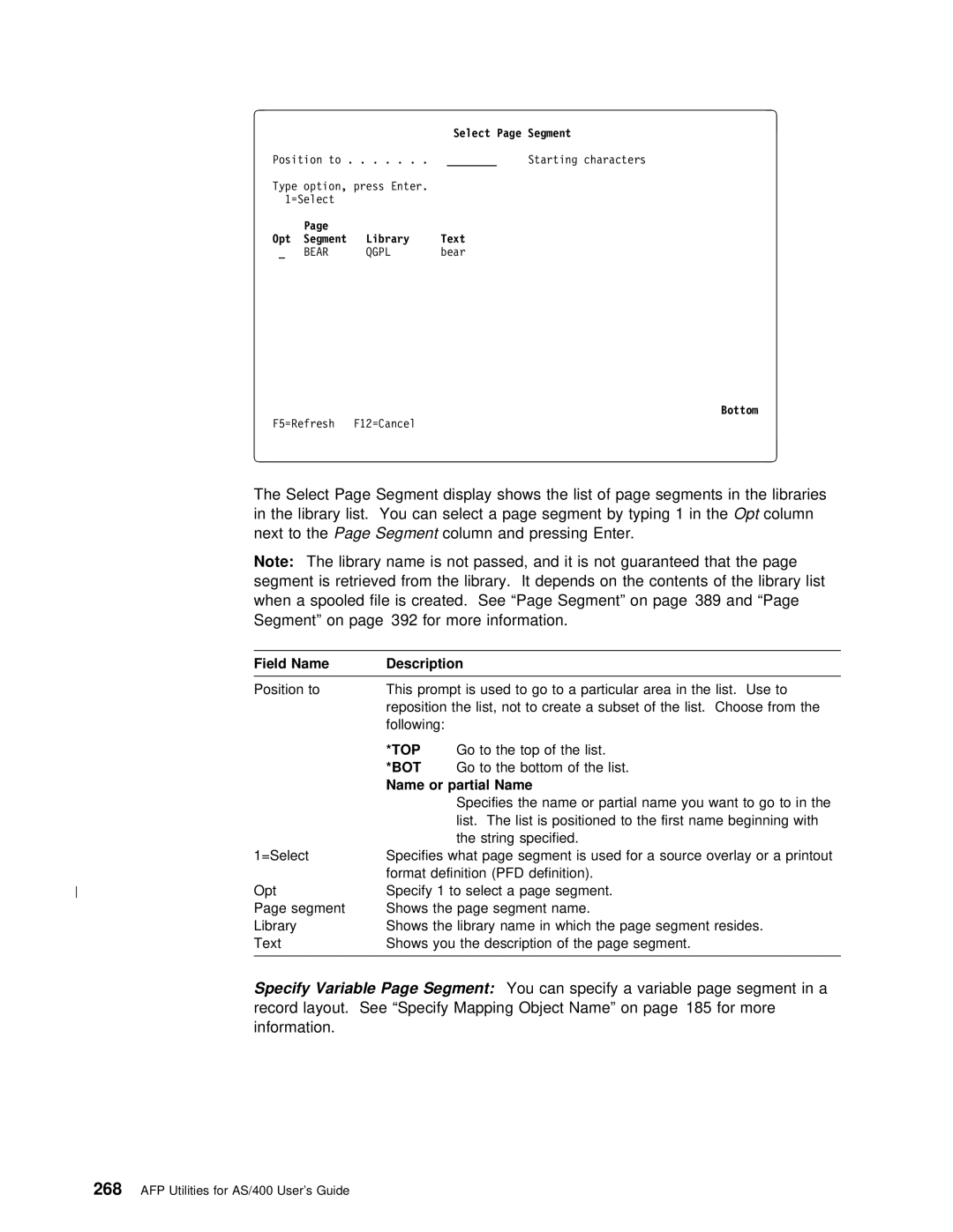 IBM AS/400 manual Opt Segment Library Text, Bottom 