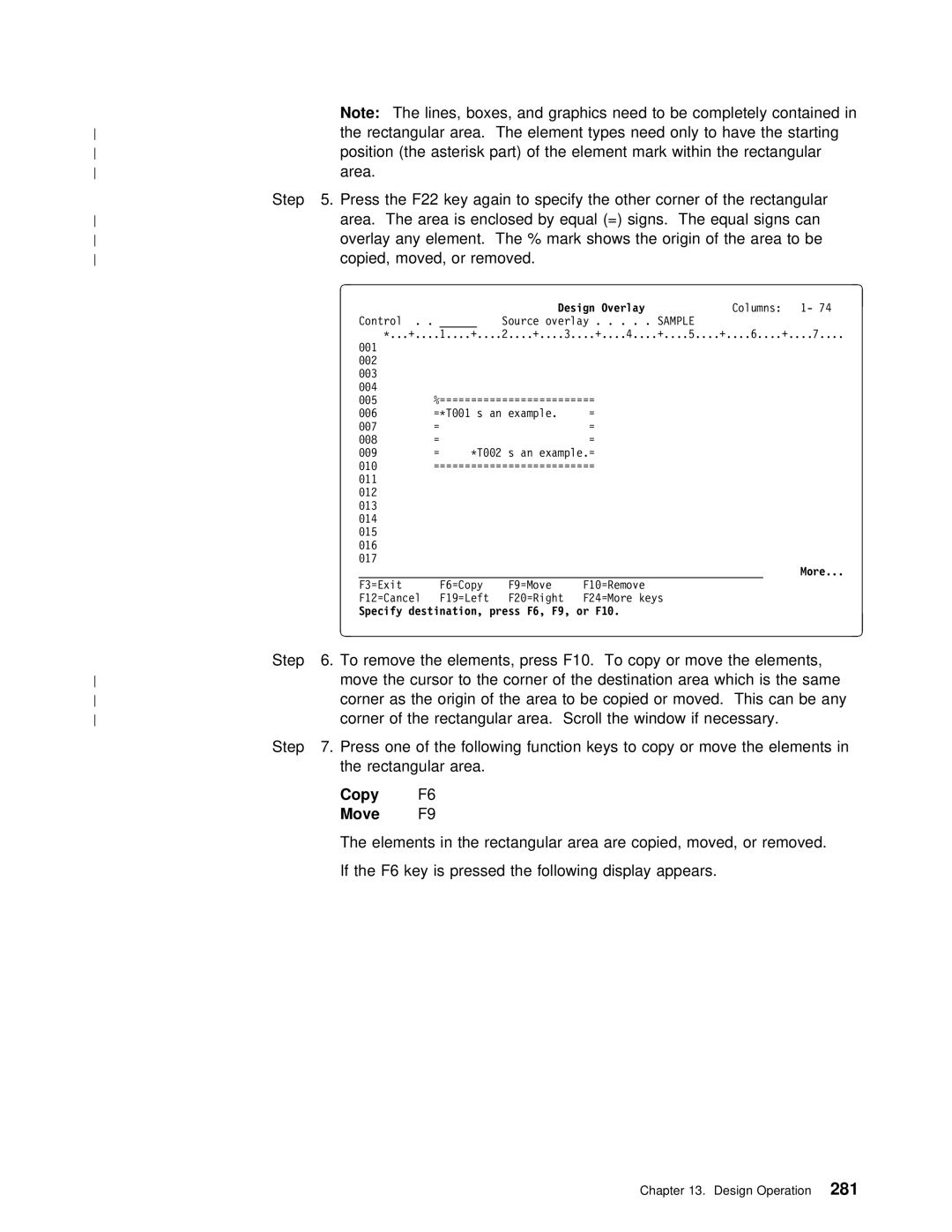 IBM AS/400 manual Step Remove Elements Press F10 Copy Move, Design Operation281 