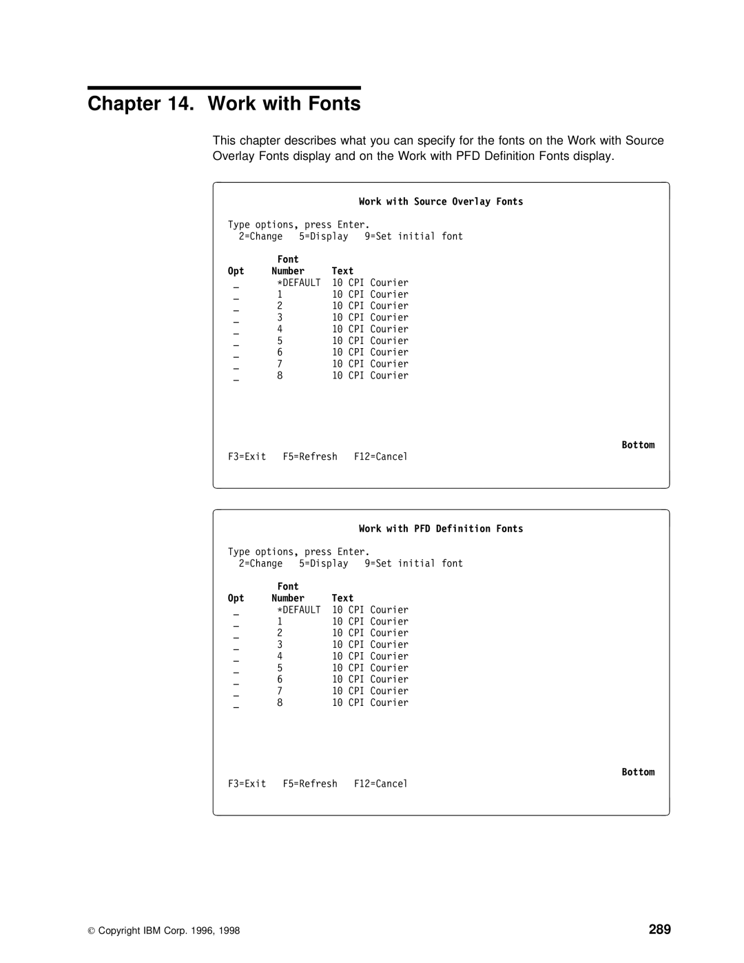 IBM AS/400 Work with Fonts, 289, Work with Source Overlay Fonts, Font Opt Number Text, Work with PFD Definition Fonts 