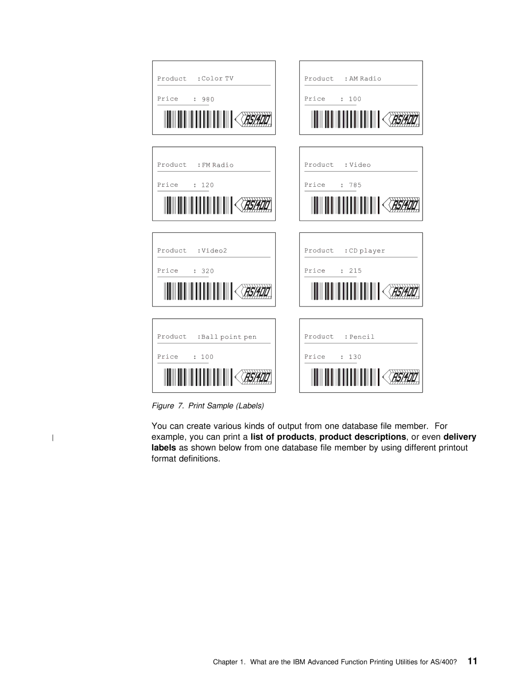 IBM AS/400 manual Print Sample Labels, Product descriptions 