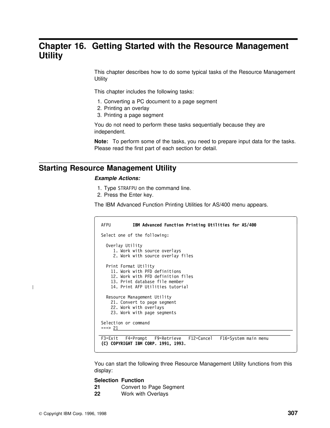 IBM AS/400 Getting Started with the Resource Management Utility, Starting Resource Management Utility, 307, Selection 