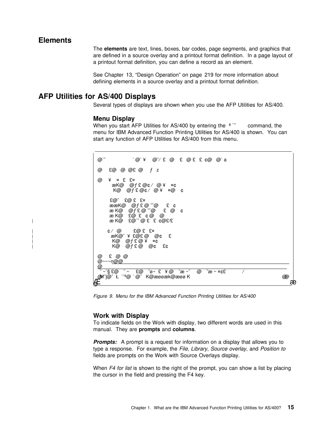 IBM manual Elements, AFP Utilities for AS/400 Displays, Menu Display, With Display 