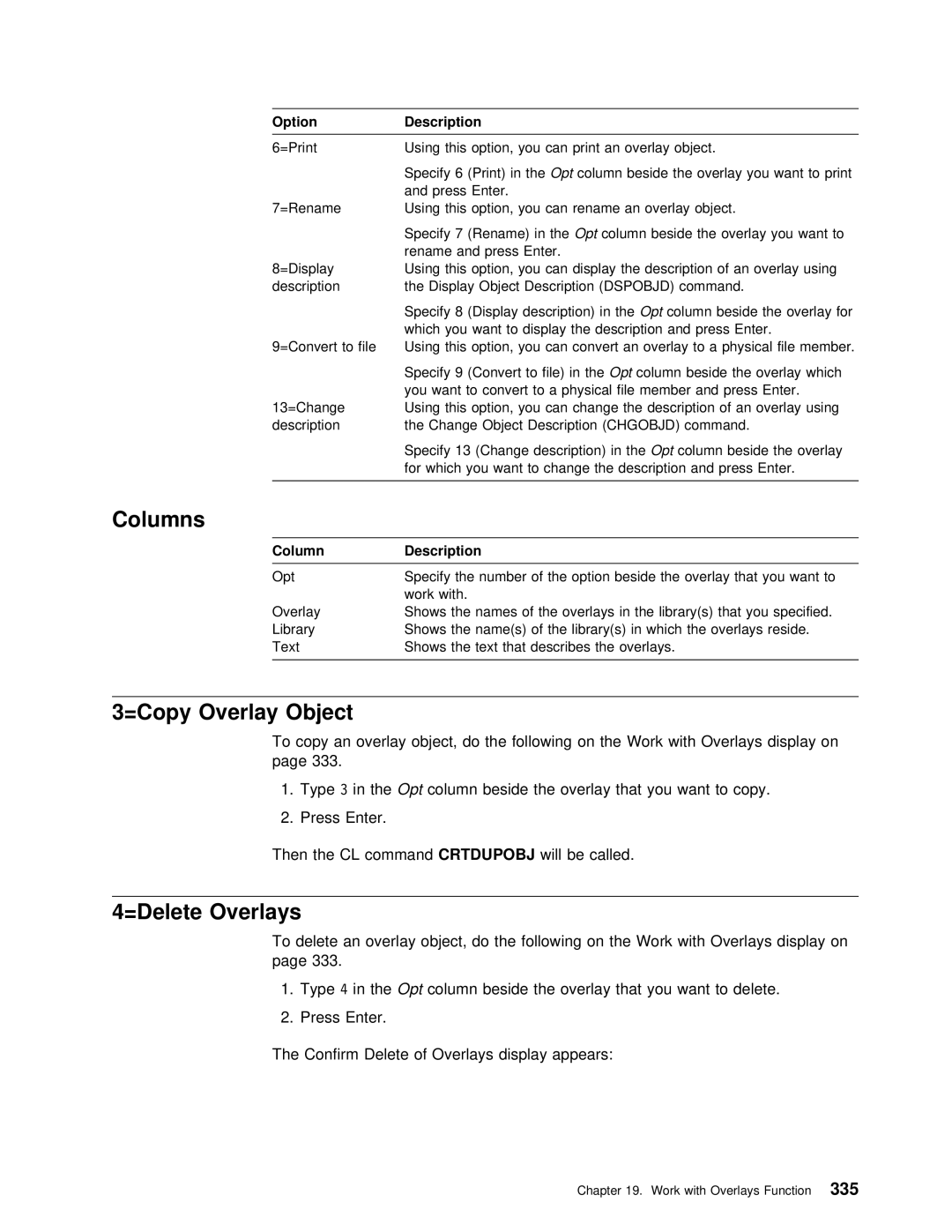 IBM AS/400 manual =Copy Overlay Object, =Delete Overlays, CommandCRTDUPOBJ 