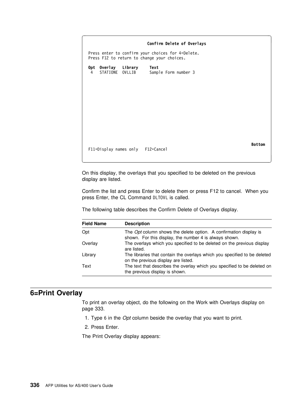 IBM AS/400 manual =Print Overlay, Confirm Delete of Overlays 