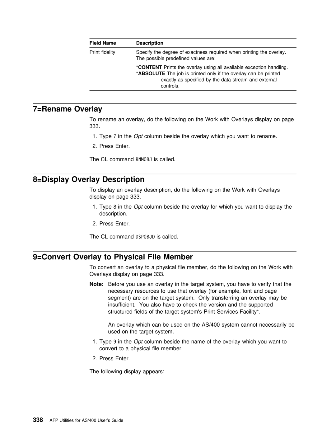 IBM AS/400 manual =Rename Overlay, =Display Overlay Description, Physical 