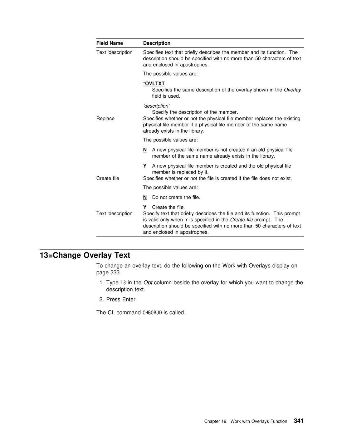 IBM AS/400 manual 13=Change Overlay Text, Description 