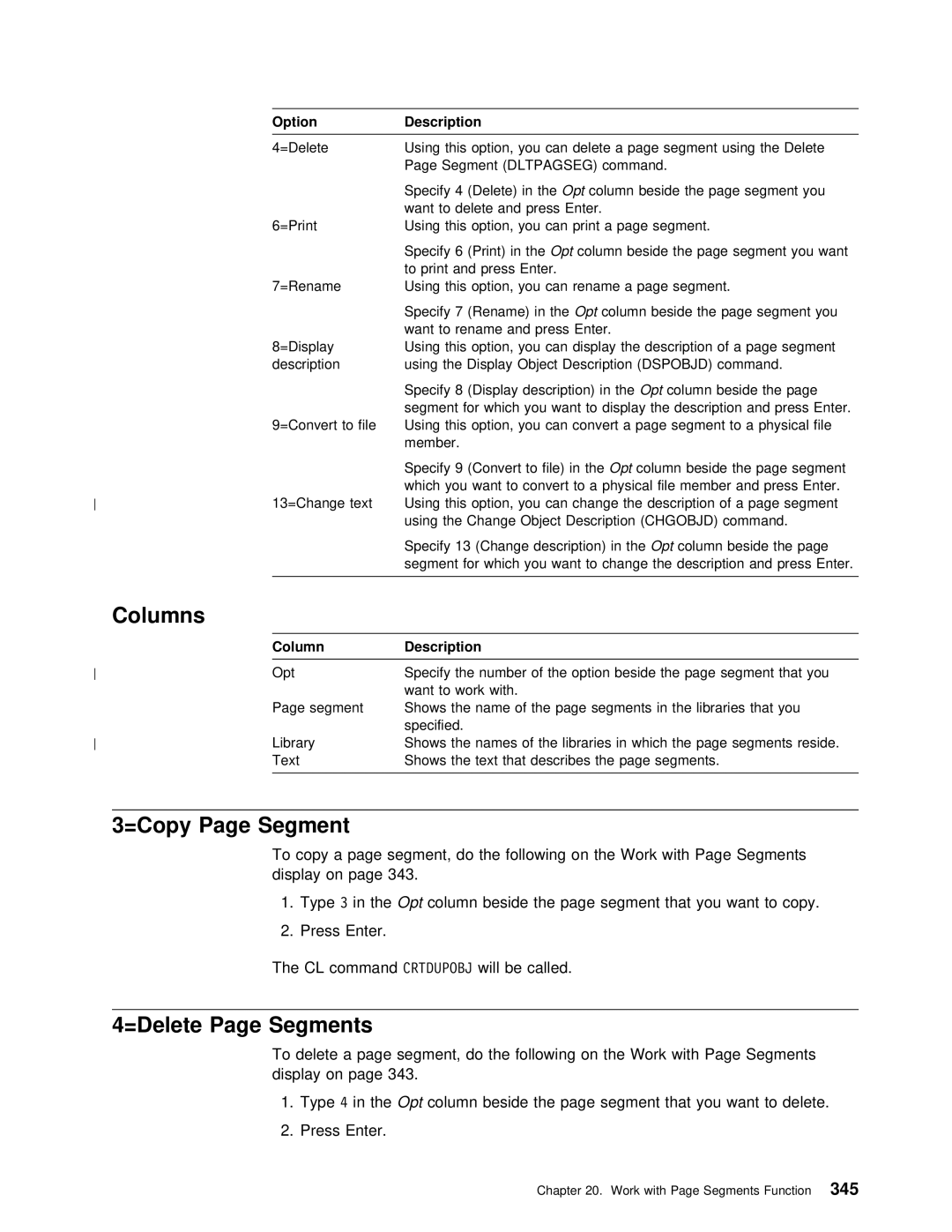 IBM AS/400 manual =Copy Page Segment, =Delete Page Segments 