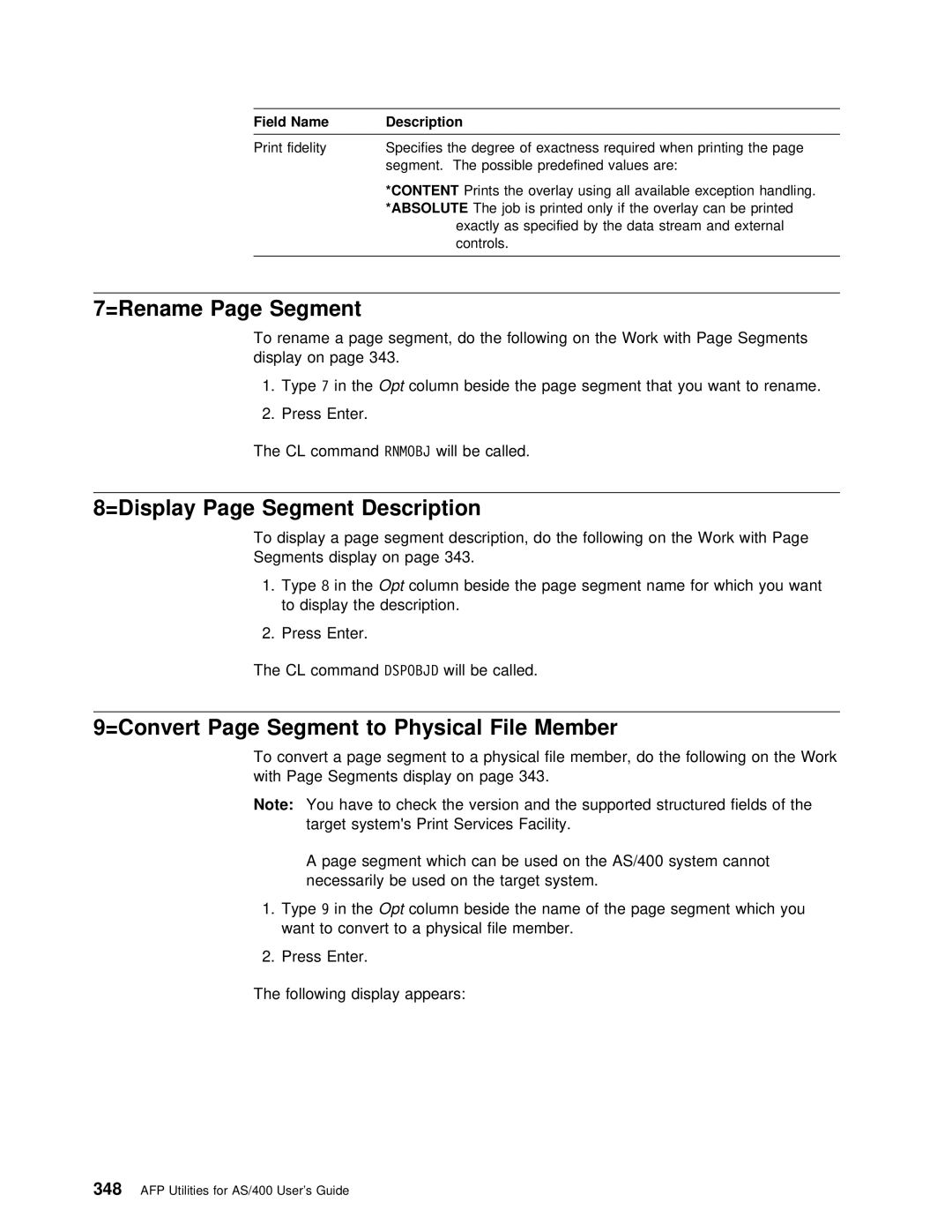 IBM AS/400 manual =Rename Page Segment, =Display Page Segment Description, Will be called, Member 