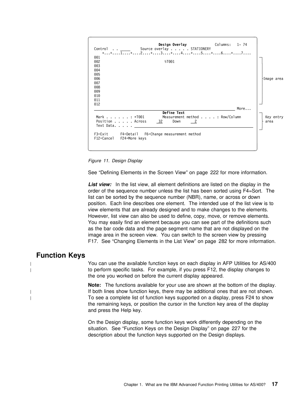 IBM AS/400 manual Function Keys, List View on For More info, Design Overlay, Define Text 